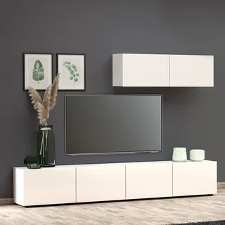 Dmora - Fernsehschrank Mangaung, Ständer für Wohnzimmerfernseher, Niedriges Wohnzimmer-Sideboard, TV-Ständerbasis, Made in Italy, 225x38h39 cm, Glänzendes Weiß
