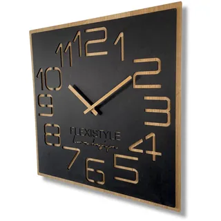 Flexistyle Wanduhr groß holzoptik Holz Digits ECO, quadratisch Stille, Wohnzimmer, Schlafzimmer, Made in EU (Schwarz, 60 cm)