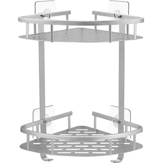 GERUIKE Duschkorb Ecke, Duschregal, Duschablage Ohne Bohren | Wandmontage, mit Klebepad, Silber, Aluminium, 2-stöckig Eckregal für Shampoo & Duschgel in Dusche, Bad & Küche