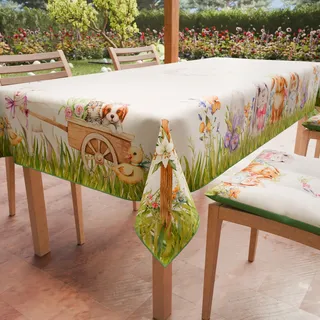 Petti Artigiani Italiani - Tischdecke für Ostern, schmutzabweisend, quadratisch, für die Küche, Hasendesign, für 4 Plätze (140 x 140 cm), 100% Made in Italy
