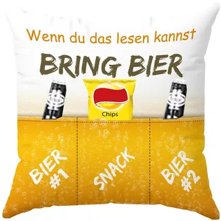 KAMACA Originelles Dekokissen Kissen mit 3 Taschen zum selbst Befüllen und Spruch Größe 43x43 cm tolles Geschenk für Anlässe wie z.B. Geburtstag (Bierkissen A)