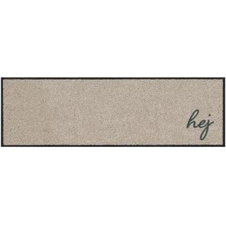 MOCAVI Mat Fußmatte Schuhparkplatz mit Rand 30x100 cm waschbar beige Hej Scandi Schuh-Teppich lang, schmal, Schuhe ausziehen, Deko sbereich innen, außen, Matte, Haustür, Stiefelmatte