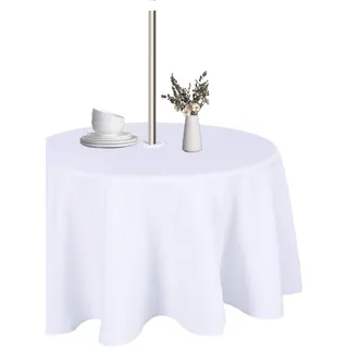 LUSHVIDA Tischdecke für den Innen- und Außenbereich, waschbar, wasserdicht, knitterfrei, mit Reißverschluss und Schirmloch für Frühling, Sommer, Party, Picknick, Grillen, Terrasse, 152.4 cm, Weiß