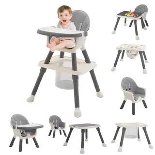 Hochstuhl Baby 7 in 1 Kinderhochstuhl,Babystuhl mit Esstisch,Fußstütze,Korb,Sicherheitsgurt und Abnehmbares Doppeltablett,Babyhochstuhl ab 6 Monate (Grau)