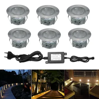 CHNXU LED Bodeneinbaustrahler 6er Set Ø45mm 1W Terrassen Einbaustrahler Aussen 12V IP67 Wasserdicht Terrassenstrahler Licht für Küche Garten Treppen Balkon Terrasse, Warmes Weiß