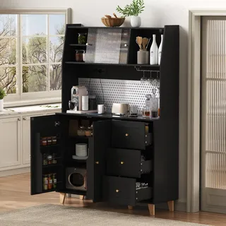 Flieks Küche Hochschrank mit Ladefunktion, Küchenbuffet Buffetschrank mit perforierter Platte, Küchen-Highboard mit Stauraum, 120x40x184cm, Schwarz - Schwarz