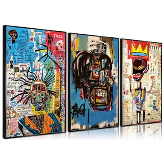 3 Stück JeanMichel Basquiat Moderne Straße Graffiti Wandkunst Abstrakt Poster Druck Wanddekoration Künstler Blau Druck Leinwand Gemälde für Wohnzimmer Schlafzimmer Badezimmer Büro Home Dekorationen