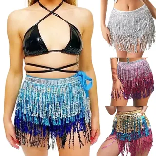 Wuchieal Pailletten rock Glitzer rock Bauchtanz Hüfttuch Kostüm Pailletten Quaste Outfits Rock Gürtel Festival Kleidung (Silber/blau/schwarz, One size)