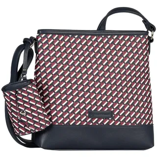 Umhängetasche TOM TAILOR "Xenia", Damen, Gr. B/H/T: 25cm x 25cm x 6,5cm, printed blau, Polyurethan, Colorblocking, gepflegt, mehrfarbig, Taschen Umhängetasche, mit raffiniert geometrischen "T" Print des Logos auf dem Taschenkörper