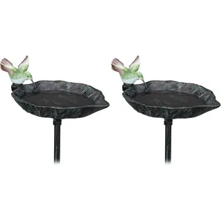 Relaxdays Vogeltränke Gusseisen, Deko Gartenstecker, H x B x T: 100,5 x 13,5 x 19 cm, Vogelbad, zum Stecken, dunkelgrün (Packung mit 2)
