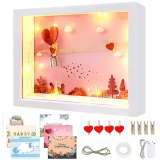 MeYuxg 3D Bilderrahmen zum Befüllen - Tief Mit 6 Themenbildern, Hochzeitsgeschenk Spardose, DIY Tiefer Rahmen Mit 1m Led Lichterkette (Weiss)