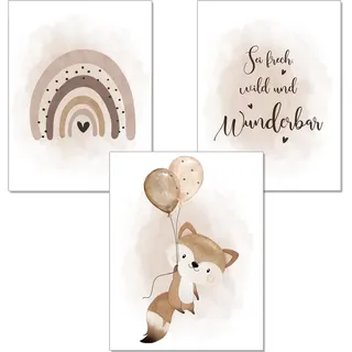 artpin® Poster Kinderzimmer Deko - 3er Set Bilder Babyzimmer Sand Beige für Junge Mädchen -A4 Fuchs Tierposter Luftballon Beige (K4)