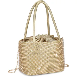 UBORSE Damen Clutch Abendtasche Glitzer Umhängetasche kleine Strass Handtasche Schultertasche Kette Tasche für Braut Hochzeit Party Disko - Gold