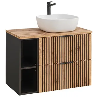 Lomadox Badezimmer Waschtisch mit Regal und Aufsatzwaschbecken XANTEN-56 in anthrazit mit Eiche Nb. schwarz gerillt, b/h/t: ca. 80,6/74,2/46,5 cm