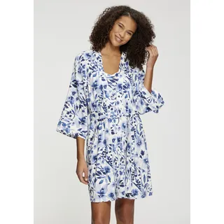 Kimono LASCANA, Damen, Gr. 48/50, blau geblümt, Baumwoll-Mix, gemustert, Kurzform, Hausmäntel Kimono, Schöner Blumendruck
