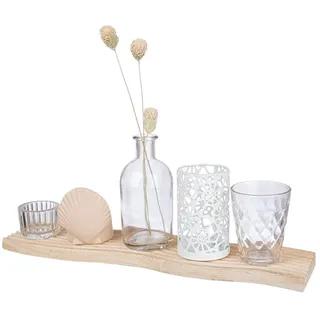 GILDE 6 teiliges Geschenkset Meeresdeko – Beach Deko Teelichthalter Glas Keramik Muschel mit Tablett kleine Vase Trockenblumen – Teelichthalter Set mit Tablett -Tischdeko Wohnzimmer modern