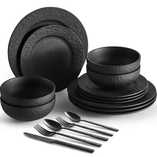 HIKAA Steingut Geschirrset Schwarz und 18/10 Besteck Set 4 Personen Schwarz, Matt Teller Set und Besteckset, Tafelservice Mikrowellen und Spülmaschinenfest, Cutlery Set für Zuhause, Hochzeit, Party