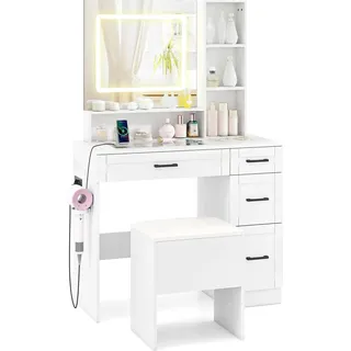COSTWAY Schminktisch mit 3 Farben LED-Beleuchtung, Glasplatte & Hocker, Frisiertisch Set mit Steckdosen, 4 Schubladen & 3 Regalen, Kosmetiktisch,Weiß - Weiß