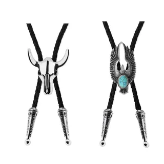 Silber 2Pcs Bolo Krawatte Schnürsenkel Cowboy Tie Set 39 Zoll Leder Seil Kuh Schädel und Adler Eingelegt Türkis Design Western Rodeo Thema