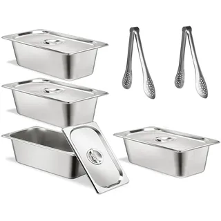 LDXDRU Panierschalen Set 4-teilig, 32,5 x 17,5 x 6,5 cm GN Behälter 1/3 mit Deckel, Edelstahl Panierstrasse Gastro Behälter, Metall Panierstraße rechteckig für Koteletts, Schnitzel Fleisch Fisch