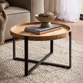 WOHNLING Couchtisch 60x60x35 cm Akazie Massivholz Metall Hellbraun Sofatisch Rund Wohnzimmertisch mit erhöhtem Rand Industrial Kaffeetisch Wohnzimmer - Braun
