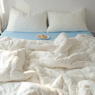 Doppelte Musselin Bettwäsche 140x200 Baumwolle Weiß mit Blau Polka Dots | Baumwollbettwäsche Set, Kinder Mädchen, Tupfen, Blau Punkte, 100% Baumwolle, ÖKO-TEX, Kissenbezug 70x90cm, Reißverschluss