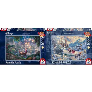 Schmidt Spiele 59480 Thomas Kinkade, Disney, Rapunzel, 1000 Teile Puzzle, Single & 59671 Thomas Kinkade, Disney, Die Schöne und das Biest, Zauberhafter Winterabend, 1000 Teile Puzzle