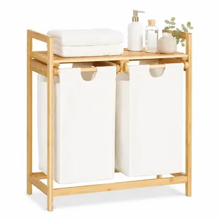 Relaxdays Wäschekorb Bambus, Wäschesortierer mit Ablage, 2 Fächer, ausziehbar, tragbarer Wäschebehälter, 60 Liter, Natur, 1 Stück, Weiß