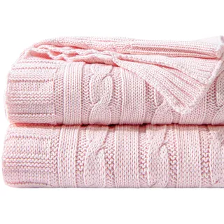NTBAY Kuscheldecke Aus Baumwolle Mit Zopfmuster Super Weich Warm Mehrfarbig, Decke als Sofadecke Wohndecke 130x170 cm, Baby Pink