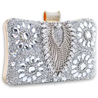 CORIOS Strass Clutch für Damen Shiny Abendtasche Diamant Clutch Tasche Kette Schultertasche Klein Tasche Elegante Umhängetasche für Abschlussball Hochzeit Bankett-Party Silber