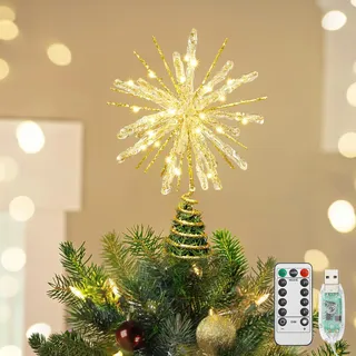 Luxspire Weihnachtsbaumspitze, beleuchteter Stern mit USB Fernbedienung, 10" klare Metall Dekoleuchte, leuchtender Weihnachtsstern im Vintage Modern Stil für Zuhause Party, Echinoid Star-Gold