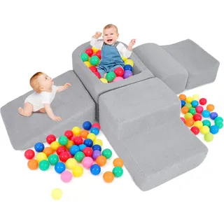FANTASK 5-teilige Schaumstoffbausteine XXL, Riesen Kletterblöcke mit Bällebad, Großbausteine zum Toben & Klettern, Soft Spielbausteine für Zuhause, Kinderzimmer & Spielzimmer (Grau, Sherpa-Stoff)
