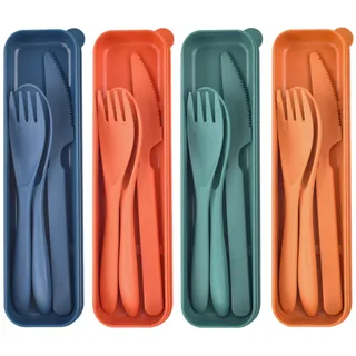 Plastik Besteck Mehrweg Set, 4 Sets Reise Besteck mit Etui, Camping Besteck set, Tragbare Utensilien, für Lunchbox, Schule, Picknick, Reisen, Camping oder den täglichen Gebrauch (4 Farben)