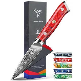 SANMUZUO Schälmesser Damastmesser 9 cm Klinge - Japanisches Obst und Gemüsemesser Officemesser - VG 10 Damaskus Stahl Küchenmesser mit Harzgriff - Xuan Serie(Sonnenuntergang Rot)