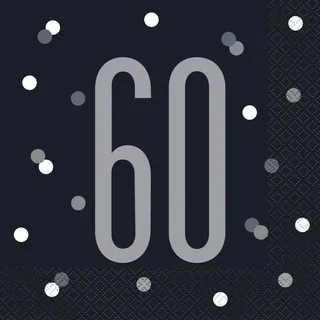 Papierservietten - Zahl 60 - 16,5 cm - Glitzer Schwarz & Silber Geburtstag - 16er-Packung