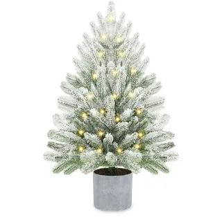 Kleiner Weihnachtsbaum 60 cm, 100 % Spritzguss Mini Schneespray Künstlicher Weihnachtsbaum mit Beleuchtung 60 LEDs Christbaum Künstlich mit 240 Spitzen Inklusive Timer und Sockel für Weihnachtsdeko