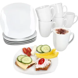 MamboCat Lotta 12tlg Frühstücksset I weißes Porzellan-Geschirr für Frühstücks- & Kaffeezeit I Je 6X Teller & Kaffeebecher 300ml, Höhe 10,5cm für 6 Personen