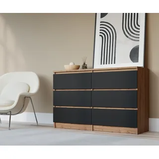 Komodenschrank mit 6 Schubladen, Farbe: Wotan Eiche & Schwarz, A: 120 x 79 x 39 cm, Schubladenkommode, Kommode mit Schubladen, Sideboard Wohnzimmer, Schlafzimmer Kommode, Kommode Schwarz, Kommode Flur, Highboard - Braun, Schwarz