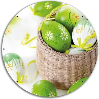Wallario rundes Outdoor-Poster für Garten oder Balkon, Motiv Ostergruß - bunte bemalte Ostereier in einem kleinen Körbchen, 60 cm Durchmesser - Weiß