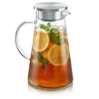 Arendo - Wasserkaraffe 2 Liter - 2000 ml - Karaffe aus Glas mit Deckel - Glaskaraffe aus lebensmittelechtem Edelstahl – Borosilikatglas hitzebeständig bis 100 °C – Sieb - hitze- und kältebeständig