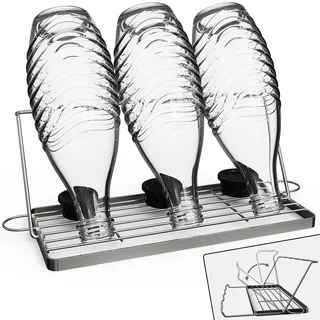 COMOGOGO Flaschenhalter für sodastream aus Edelstahl, Faltbar Flaschenständer zum Abtropfen Deckel, Flaschenabtropfgestell Spülmaschinenfest, Kuchen Organizer mit Abnehmbares Tablett