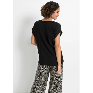 Tunika BONPRIX, Damen, Gr. 54, schwarz, Obermaterial: 100% Viskose, regular fit, Tuniken Tunika, eleganter Look, Kurzarm-Design, Regular Fit, mit Henley-Kragen