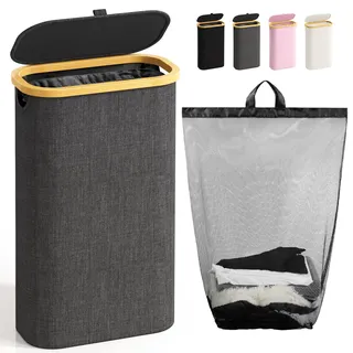Bathola Schmaler Wäschekorb mit Deckel & Herausnehmbarem Wäschesack, Drau | 75L Bambusrahmen, Platzsparender Wäschebehälter, Faltbarer Wäschesammler für Bad, Schlafzimmer, Waschküche & Wohnmobil