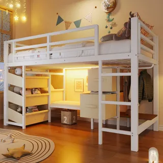 Merax Etagenbett Hochbett 90x200 cm, Metallbett mit LED Beleuchtung, Stauraum, Sitzkissen, Stoffschubladen, Kinderbett, Stockbett, Jugendbett, Weiß - Weiß