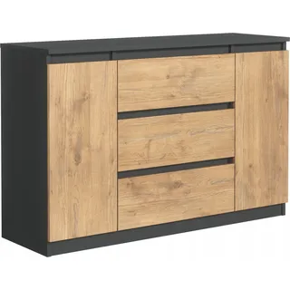 3xEliving Kommode DEMI, Sideboard mit 2 Tür, 3 Schubladen Anthrazit & Lancelot Eiche,B: 120cm H:79cm T:39cm Verschiedene Großen, Schrank für Wohnzimmer, Schlafzimmer, Flur, Büro - Grau, Hellbraun