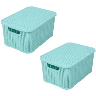 BranQ - Home essential Korb mit Deckel in Rattan Design 2er Set Grösse M 10 l, BPA-frei Kunststoff PP, Minze, 32,3x22,5x15 cm, 2 Stk.