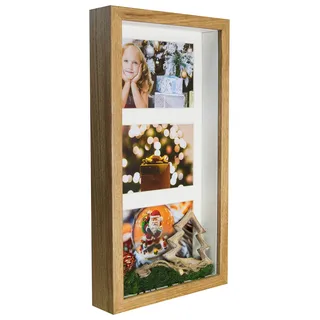 BD ART 18x35 cm 3D Box, Mehrfach Bilderrahmen, Bildergalerie, Fotogalerie mit Passepartout und 3 Foto-Ausschnitten für 3 Fotos 10x15 cm, Eiche Rechteckiger Objektrahmen tiefer für objekte 3 cm