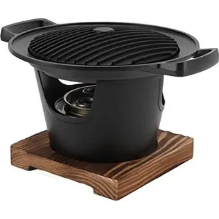 Mini Hibachi Grill, japanische Aluminiumlegierung Grill Innengebrauch, Holzbasis Rauchloser Hersteller, oberes Gusseisen