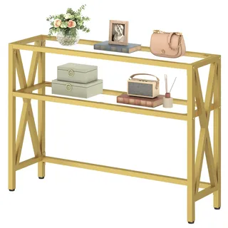 HOOBRO Konsolentisch, Beistelltisch, Sofatisch mit 2 offenen Ablagen, Eingangstisch mit X-förmigem Gestell, Couchtisch für Eingangsbereich, Diele, Flur und Wohnzimmer, Gold EGD122XG01