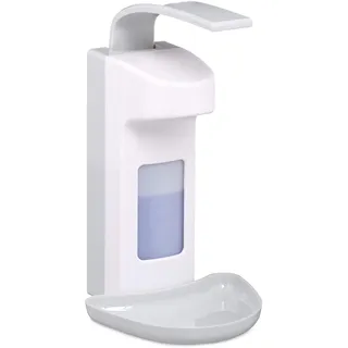 Relaxdays Desinfektionsspender 2er Set, mit Tropfschale, weiß | Hygiene Wandspender Händedesinfektion, Armhebelspender für 500 ml